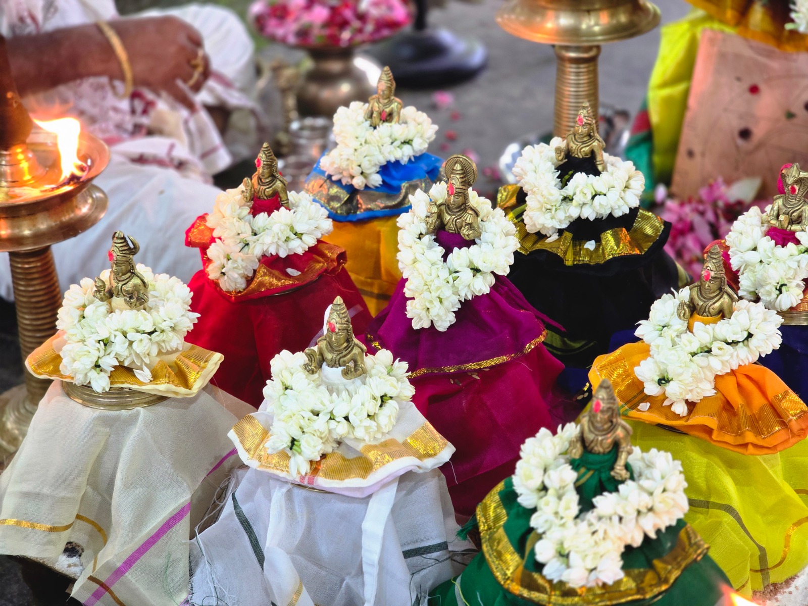The nine Navagraha idols garlanded and prepared for homam